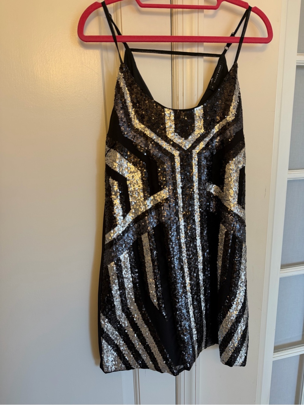 Walter Baker Black Mini Dress with Silver Sequin Geometric Pattern